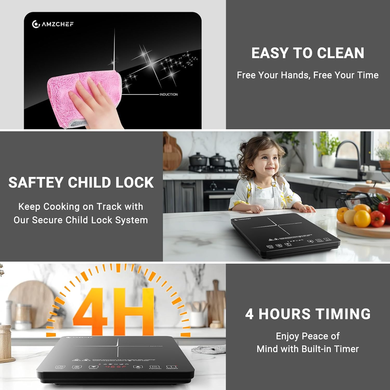 AMZCHEF Portable Induction Cooktop 20 Temperature & Power Levels, 1800W Induction Stove Burner with 5.9" Heating Coil, Low Noise Hot Plate Single Electric Cooktops Countertop Stove with Timer - Image 7
