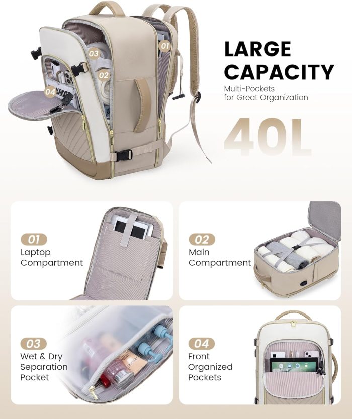 Large Travel Backpack for Women, TSA Carry on Backpack for Airplanes, 40L Personal Item Travel Bag for Women fits 17" Laptop,Waterproof Carry on Bag Airplane Approved with 3 Packing Cubes - Image 3
