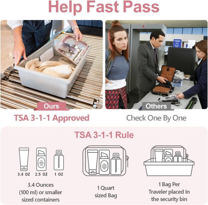Clear Makeup Bag - TSA Approved Toiletry Bag for Travel Size Toiletries, Travel Clear Toiletry Bag Quart Size Bag, Carry on Airport Airline Compliant Bag, Rose Pink(for age 12 or above) - Image 2