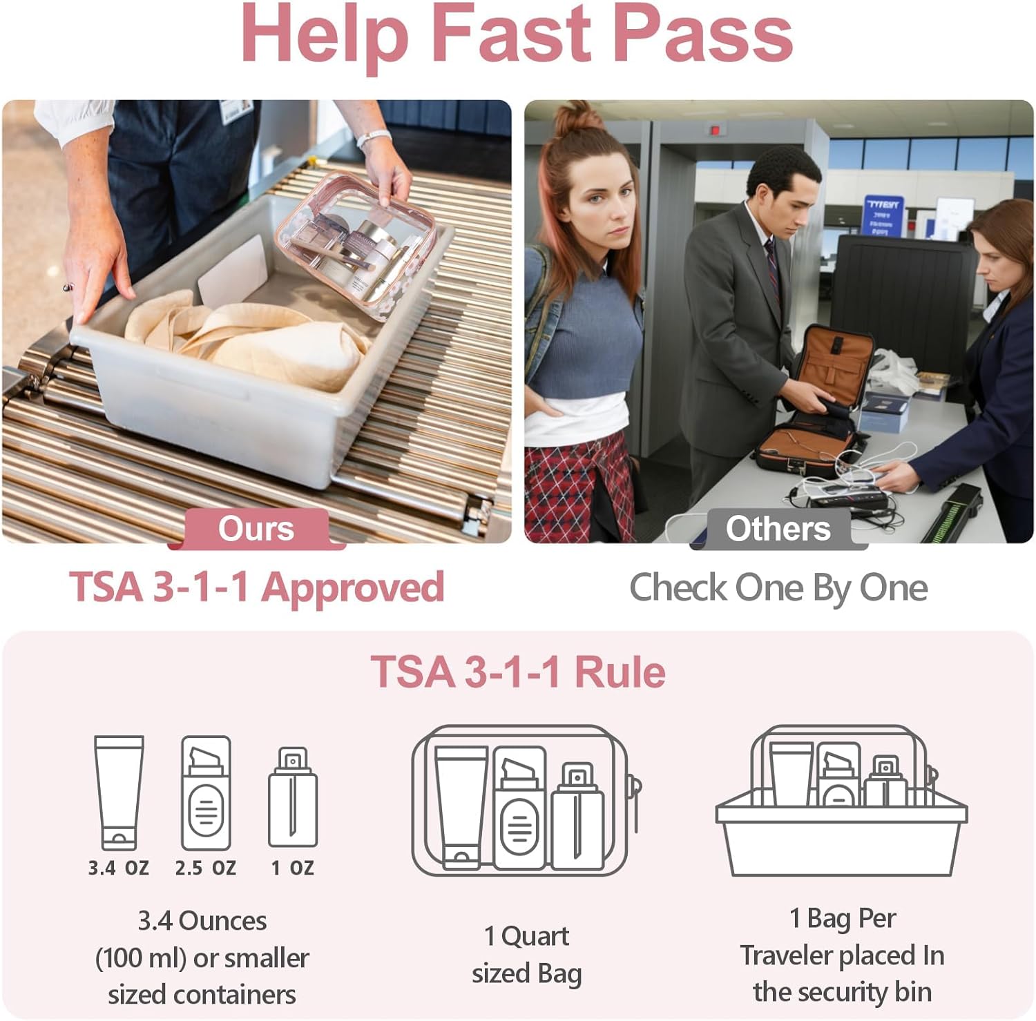 Clear Makeup Bag - TSA Approved Toiletry Bag for Travel Size Toiletries, Travel Clear Toiletry Bag Quart Size Bag, Carry on Airport Airline Compliant Bag, Rose Pink(for age 12 or above) - Image 2