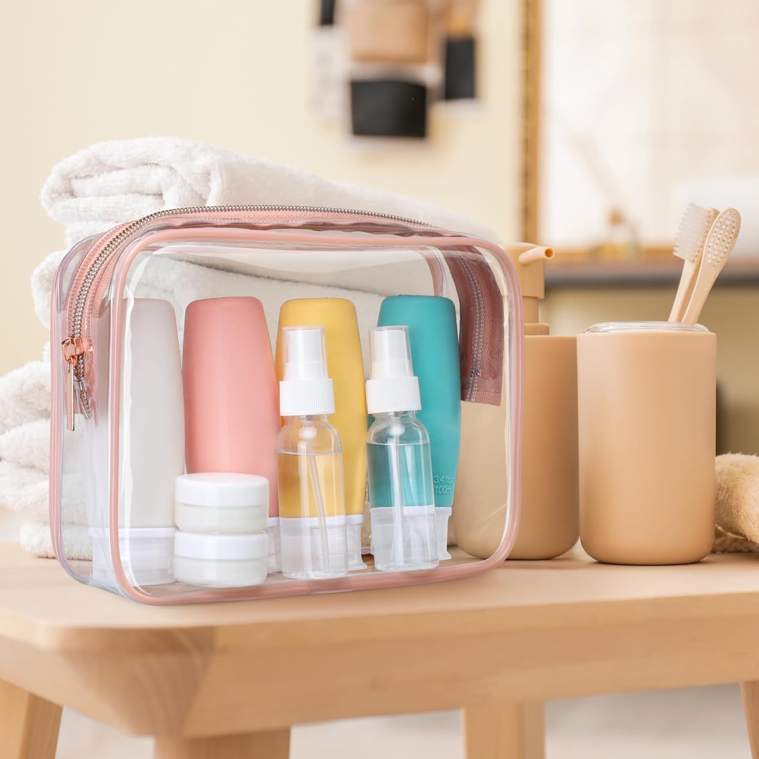 Clear Makeup Bag - TSA Approved Toiletry Bag for Travel Size Toiletries, Travel Clear Toiletry Bag Quart Size Bag, Carry on Airport Airline Compliant Bag, Rose Pink(for age 12 or above) - Image 7