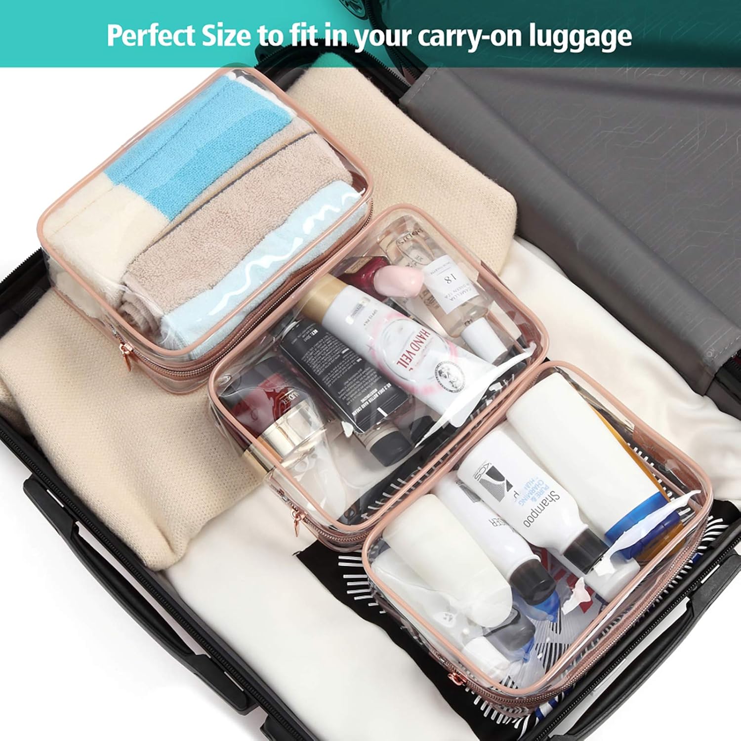 Clear Makeup Bag - TSA Approved Toiletry Bag for Travel Size Toiletries, Travel Clear Toiletry Bag Quart Size Bag, Carry on Airport Airline Compliant Bag, Rose Pink(for age 12 or above) - Image 8